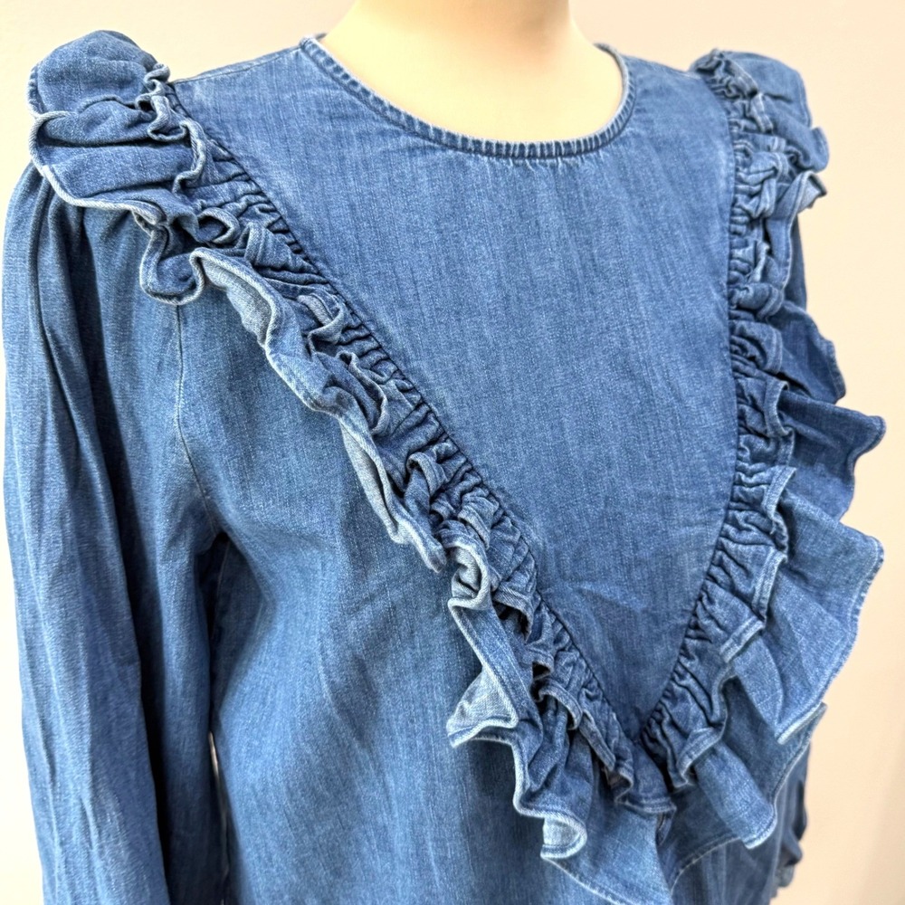 ZARA Denim Ruffle Blouse Small Cotton Chambray LS Cottagecore Boho Prairie Top